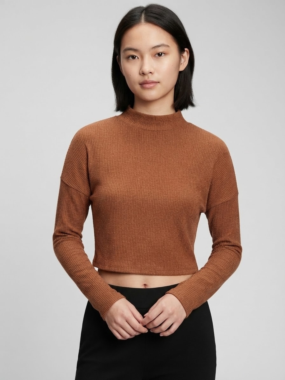 Garage Cropped Ribbed Turtleneck Sweater - Orange Mustard Brown Size Medium
